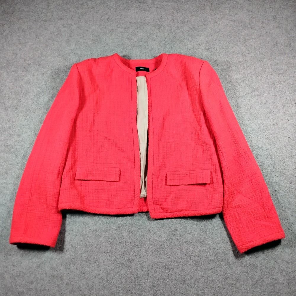Theory Clean SH JKT Tonal Tweed Jacket Coral Red Collarless Open Front Size 8